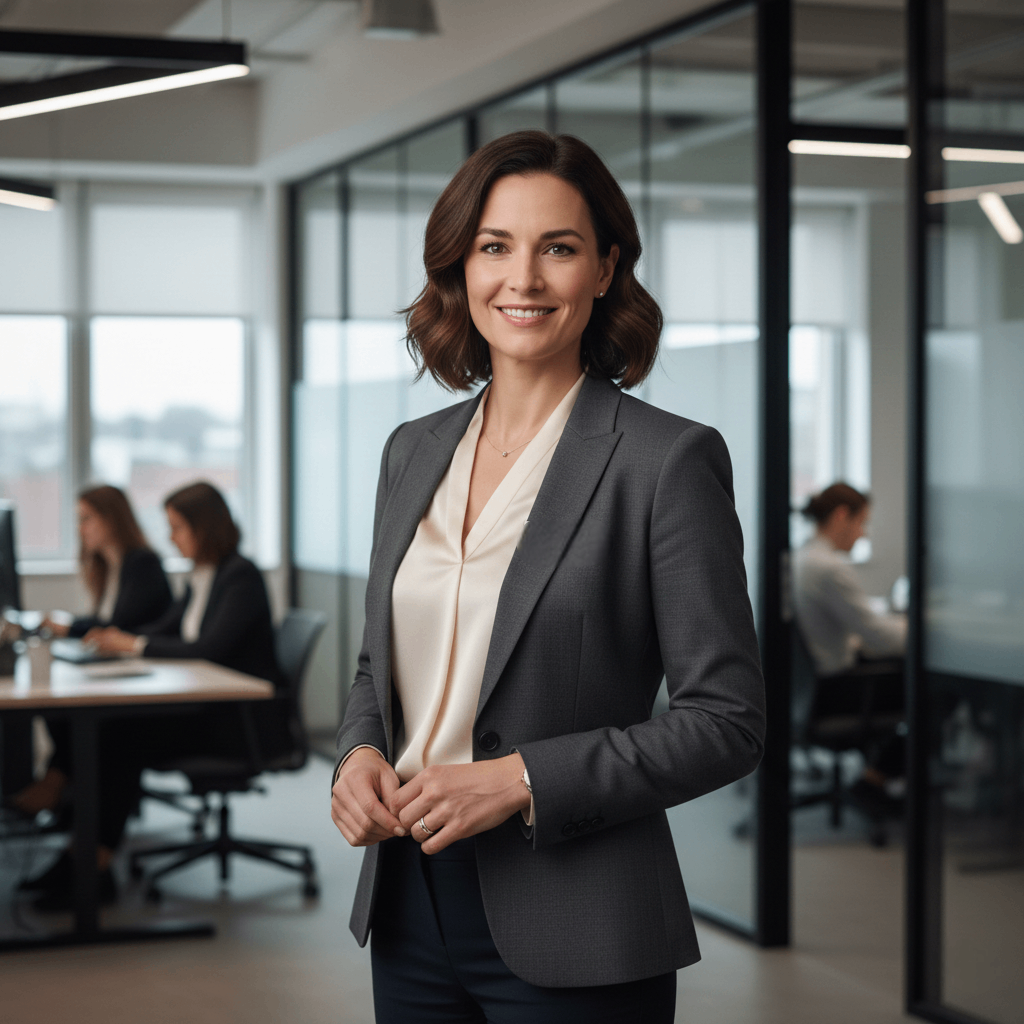 Elena Van Allen - Risk Manager, professional woman with glasses, smart look