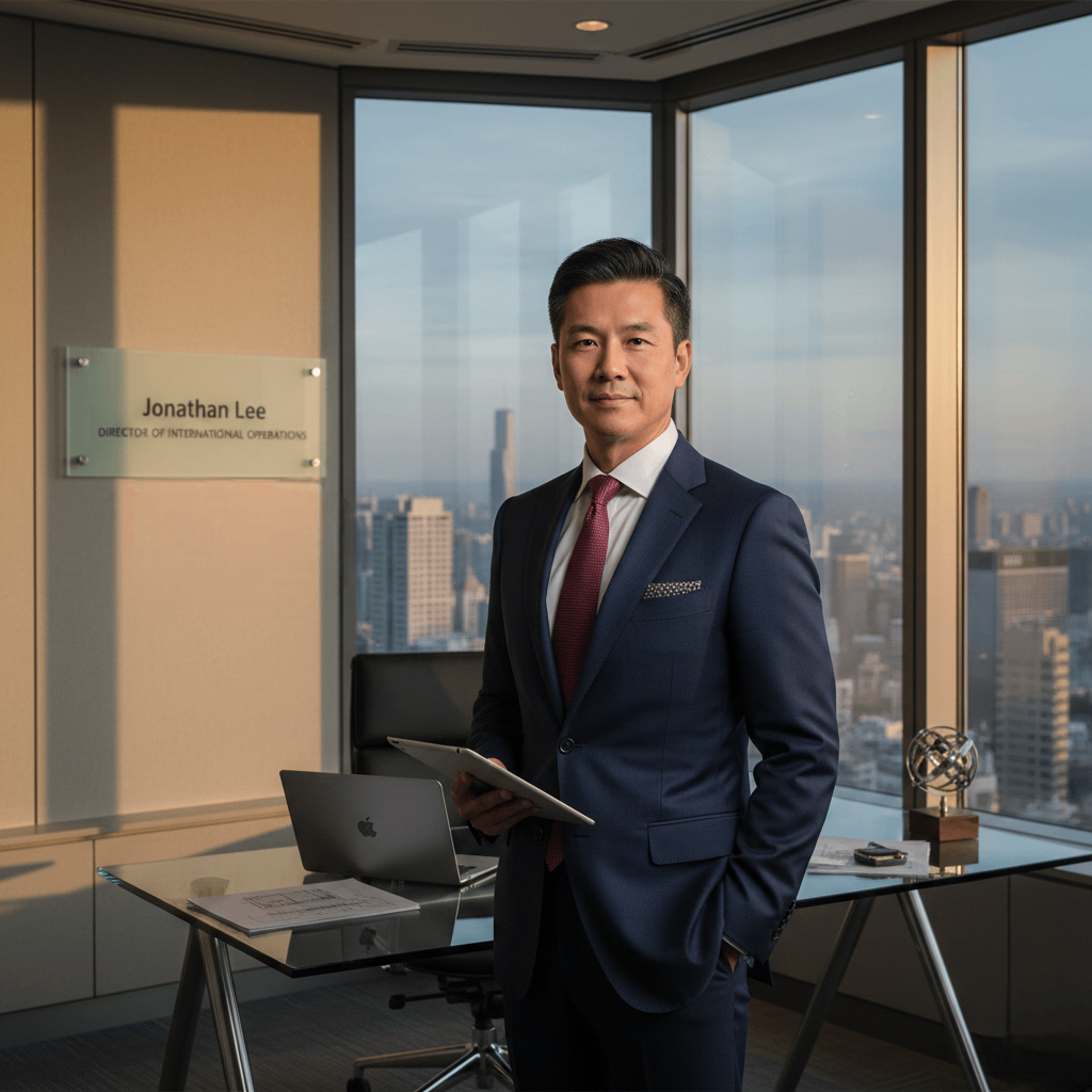 Jonathan Lee - Director of Operations, asian male professional in a suit, modern office setting