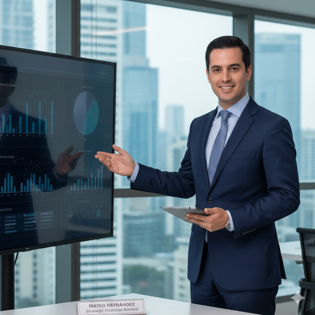 Mateo Hernández - Financial Analyst, young professional male in shirt and jacket